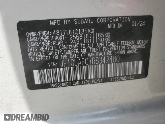 2024 Subaru Impreza Sport with VIN JF1GUAFC7R8342480, listed as a Copart auction lot 68694124 with 4,821 mi miles and Salvage Title. Bid and sale history available at carsss.com. Image 14.