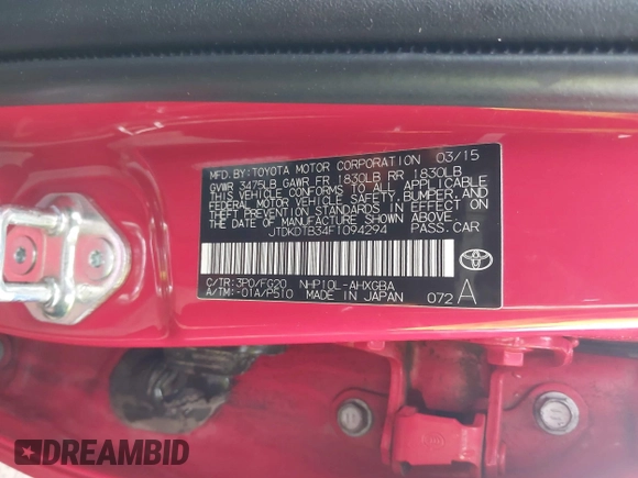 2015 Toyota Prius One with VIN JTDKDTB34F1094294, listed as a IAAI auction lot 41855669 with 108,176 mi miles and . Bid and sale history available at carsss.com. Image 9.