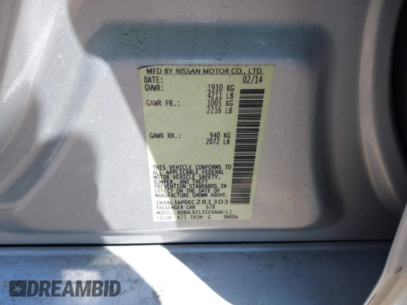 2014 Nissan Altima 2.5 S with VIN 1N4AL3AP0EC281303, listed as a IAAI auction lot 41995362 with 92,473 mi miles. Bid and sale history available at carsss.com. Image 9.
