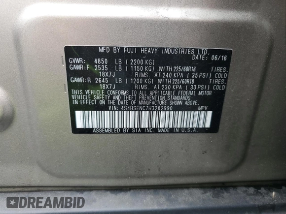 2017 Subaru Outback Limited with VIN 4S4BSENC7H3202990, listed as a Copart auction lot 62504715 with 150,018 mi miles and Salvage title. Bid and sale history available at DreamBid. Image 12.