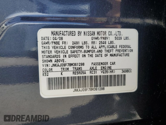 2008 Infiniti EX Journey with VIN JNKAJ09F78M361298, listed as a Copart auction lot 49075755 with 164,080 mi miles and Salvage title. Bid and sale history available at DreamBid. Image 13.