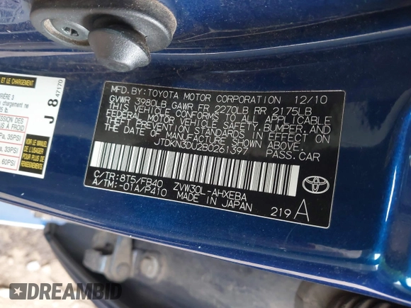 2011 Toyota Prius I with VIN JTDKN3DU2B0261397, listed as a IAAI auction lot 41955885 with 189,938 mi miles and . Bid and sale history available at DreamBid. Image 9.