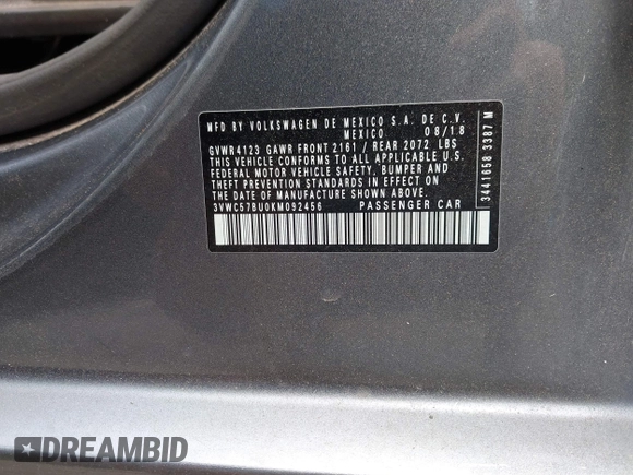 2019 Volkswagen Jetta S with VIN 3VWC57BU0KM092456, listed as a IAAI auction lot 42790061 with 83,836 mi miles and . Bid and sale history available at DreamBid. Image 9.