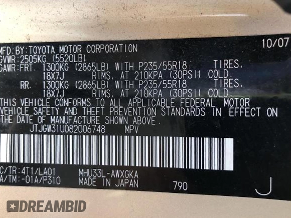 2008 Lexus RX 400h with VIN JTJGW31U082006748, listed as a Copart auction lot 80531694 with 241,549 mi miles and Clean Title. Bid and sale history available at DreamBid. Image 10.
