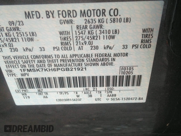 2023 Ford Explorer ST-Line с VIN 1FMSK7KH6PGB21921, выставлен на аукционе IAAI как лот 42591112 с пробегом 17 642 миль миль и . История ставок и продаж доступна на DreamBid. Изображение 9.