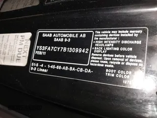 2011 Saab 9-3 z VIN YS3FA7CY7B1309942, wystawiony jako IAAI lot #42409342 z przebiegiem 102 178 mil mil oraz . Historia ofert i sprzedaży dostępna na DreamBid. Obrazek 9.