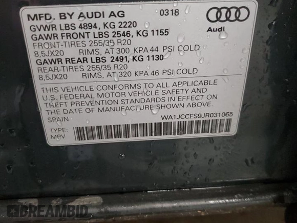 2018 Audi Q3 Premium Plus with VIN WA1JCCFS9JR031065, listed as a Copart auction lot 86069934 with 56,441 mi miles and Salvage Title. Bid and sale history available at carsss.com. Image 13.