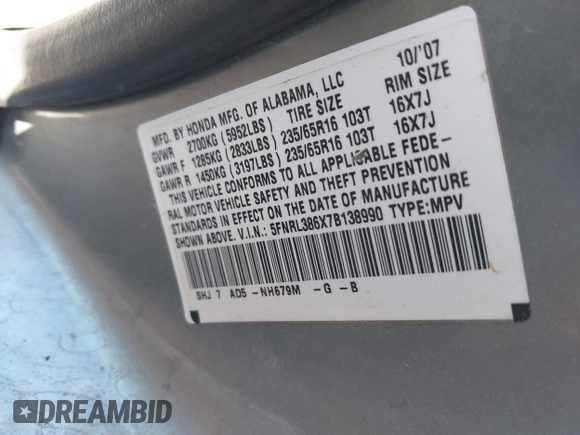2007 Honda Odyssey EX-L with VIN 5FNRL386X7B138990, listed as a IAAI auction lot 41823648 with 225,962 mi miles. Bid and sale history available at carsss.com. Image 9.