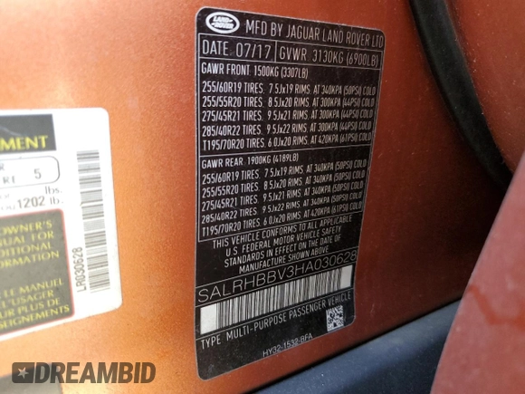 2017 Land Rover Discovery HSE Luxury with VIN SALRHBBV3HA030628, listed as a Copart auction lot 83120194 with 148,330 mi miles and Clean Title. Bid and sale history available at DreamBid. Image 13.