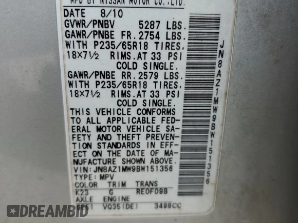 2011 Nissan Murano S z VIN JN8AZ1MW9BW151356, wystawiony jako Copart lot #57848725 z przebiegiem 218 888 mil mil oraz Szkoda całkowita • Salvage title. Historia ofert i sprzedaży dostępna na DreamBid. Obrazek 13.