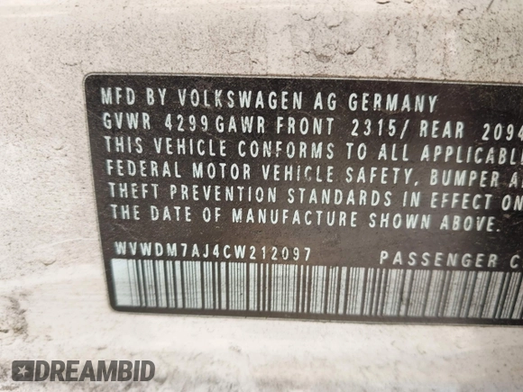 2012 Volkswagen Golf TDI with VIN WVWDM7AJ4CW212097, listed as a IAAI auction lot 42029587 with 177,783 mi miles and . Bid and sale history available at DreamBid. Image 9.