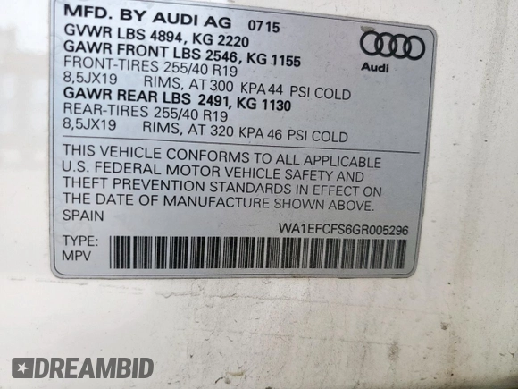 2016 Audi Q3 Premium Plus with VIN WA1EFCFS6GR005296, listed as a Copart auction lot 55215265 with 104,899 mi miles and Salvage title. Bid and sale history available at DreamBid. Image 13.