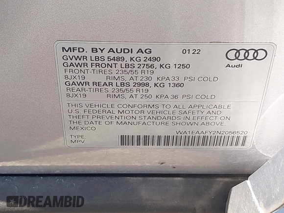 2022 Audi Q5 S line Premium Plus with VIN WA1EAAFY2N2056520, listed as a IAAI auction lot 42531917 with Not provided miles and . Bid and sale history available at DreamBid. Image 9.