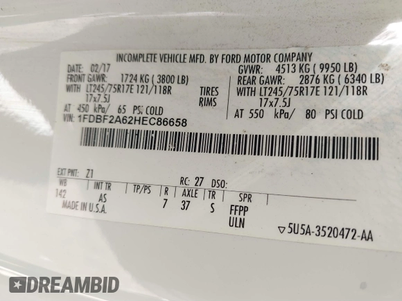 2017 Ford F-250 XL с VIN 1FDBF2A62HEC86658, выставлен на аукционе IAAI как лот 41768063 с пробегом 91 233 миль миль и . История ставок и продаж доступна на DreamBid. Изображение 9.