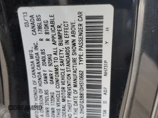 2013 Honda Civic Cpe EX with VIN 2HGFG3B81DH510662, listed as a Copart auction lot 46478855 with 0 mi miles and Salvage Title. Bid and sale history available at carsss.com. Image 13.
