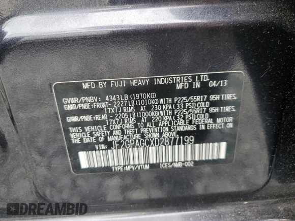 2013 Subaru Crosstrek Limited with VIN JF2GPAGCXD2877199, listed as a Copart auction lot 60967505 with 160,278 mi miles and Clean title. Bid and sale history available at DreamBid. Image 13.