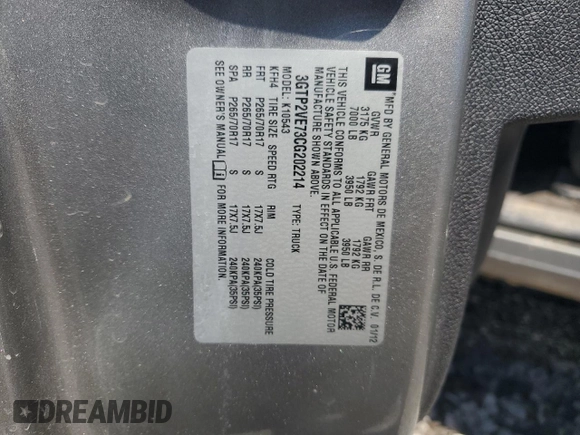2012 GMC Sierra 1500 SLE with VIN 3GTP2VE73CG202214, listed as a Copart auction lot 57475435 with 195,638 mi miles and Salvage title. Bid and sale history available at DreamBid. Image 12.