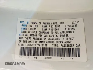 2013 Honda Accord EX-L with VIN 1HGCR2F82DA155081, listed as a IAAI auction lot 41233014 with 192,450 mi miles and . Bid and sale history available at DreamBid. Image 9.