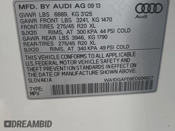 2014 Audi Q7 S line Prestige with VIN WA1DGAFE6ED006627, listed as a Copart auction lot 58671895 with 128,233 mi miles and Clean title. Bid and sale history available at DreamBid. Image 13.