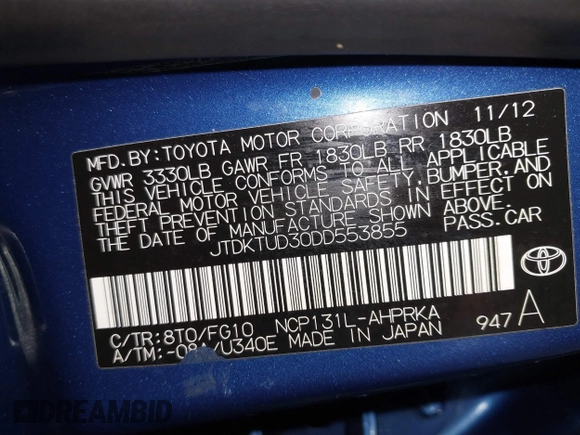 2013 Toyota Yaris L with VIN JTDKTUD30DD553855, listed as a IAAI auction lot 41485101 with 83,546 mi miles. Bid and sale history available at carsss.com. Image 9.