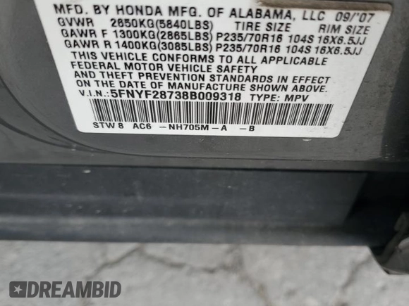 2008 Honda Pilot EX-L with VIN 5FNYF28738B009318, listed as a Copart auction lot 51648595 with 266,183 mi miles and Clean Title. Bid and sale history available at DreamBid. Image 15.