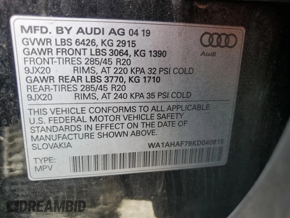 2019 Audi Q7 Premium with VIN WA1AHAF79KD040915, listed as a Copart auction lot 53300495 with 54,295 mi miles and Salvage title. Bid and sale history available at DreamBid. Image 15.