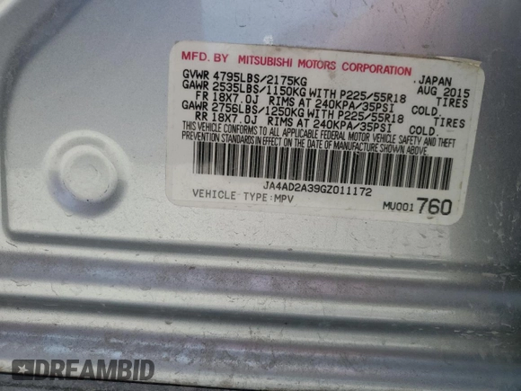 2016 Mitsubishi Outlander ES with VIN JA4AD2A39GZ011172, listed as a Copart auction lot 58392435 with 165,114 mi miles and Salvage title. Bid and sale history available at DreamBid. Image 13.