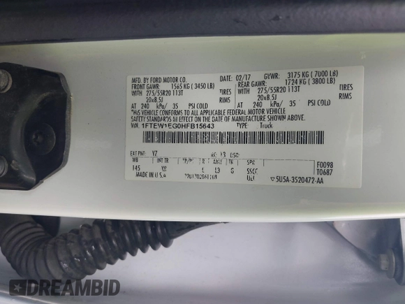 2017 Ford F-150 XL with VIN 1FTEW1EG0HFB15643, listed as a IAAI auction lot 42637541 with 81,407 mi miles and . Bid and sale history available at DreamBid. Image 9.