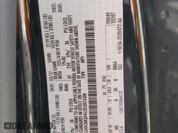 2017 Ford Escape SE z VIN 1FMCU0G92HUD20328, wystawiony jako Copart lot #55181485 z przebiegiem Nie podano mil oraz Szkoda całkowita • Salvage title. Historia ofert i sprzedaży dostępna na DreamBid. Obrazek 14.