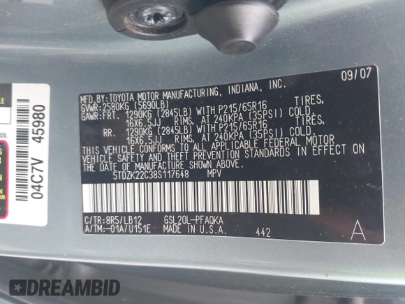 2008 Toyota Sienna XLE z VIN 5TDZK22C38S117648, wystawiony jako IAAI lot #42305609 z przebiegiem 231 156 mil mil oraz . Historia ofert i sprzedaży dostępna na DreamBid. Obrazek 9.
