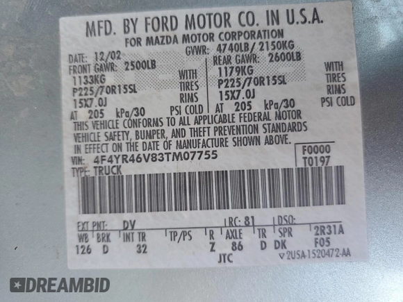 2003 Mazda B-Series 2WD Truck SE with VIN 4F4YR46V83TM07755, listed as a Copart auction lot 44794085 with 193,149 mi miles and Salvage Title. Bid and sale history available at carsss.com. Image 14.