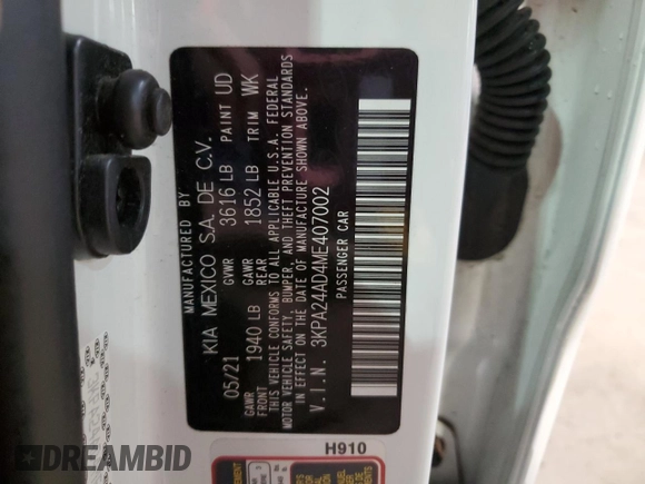 2021 Kia Rio S with VIN 3KPA24AD4ME407002, listed as a Copart auction lot 41602435 with 32,666 mi miles and Salvage Title. Bid and sale history available at DreamBid. Image 12.