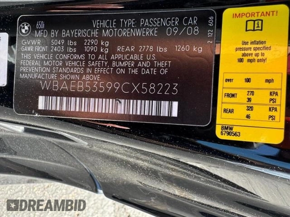 2009 BMW 6 Series 650i with VIN WBAEB53599CX58223, listed as a Copart auction lot 46720505 with 62,044 mi miles and Salvage Title. Bid and sale history available at carsss.com. Image 10.