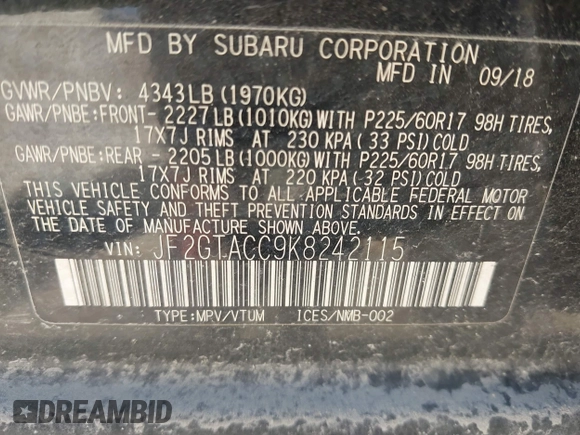 2019 Subaru Crosstrek Premium with VIN JF2GTACC9K8242115, listed as a IAAI auction lot 42010136 with 107,027 mi miles and . Bid and sale history available at DreamBid. Image 9.