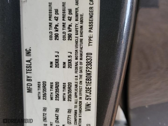 2019 Tesla Model 3 Long Range with VIN 5YJ3E1EB0KF238370, listed as a Copart auction lot 42452465 with 60,857 mi miles and Salvage Title. Bid and sale history available at carsss.com. Image 16.