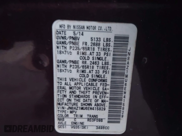 2014 Nissan Murano SV with VIN JN8AZ1MU6EW415829, listed as a IAAI auction lot 41484006 with 117,974 mi miles and . Bid and sale history available at DreamBid. Image 9.
