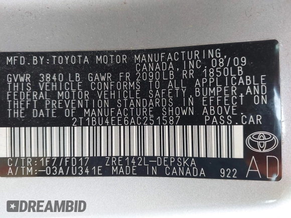 2010 Toyota Corolla with VIN 2T1BU4EE6AC251587, listed as a IAAI auction lot 42142196 with 184,153 mi miles and . Bid and sale history available at carsss.com. Image 9.