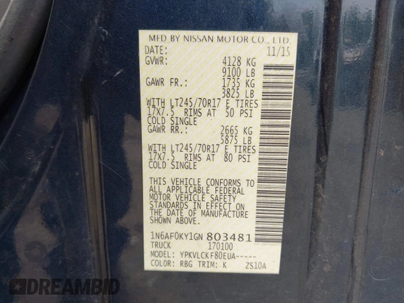 2016 Nissan NV SV with VIN 1N6AF0KY1GN803481, listed as a IAAI auction lot 42592051 with 277,891 mi miles and . Bid and sale history available at DreamBid. Image 9.