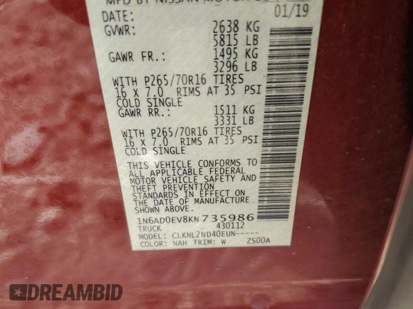 2019 Nissan Frontier SV with VIN 1N6AD0EV8KN735986, listed as a Copart auction lot 61603585 with Not provided miles and Salvage title. Bid and sale history available at DreamBid. Image 12.
