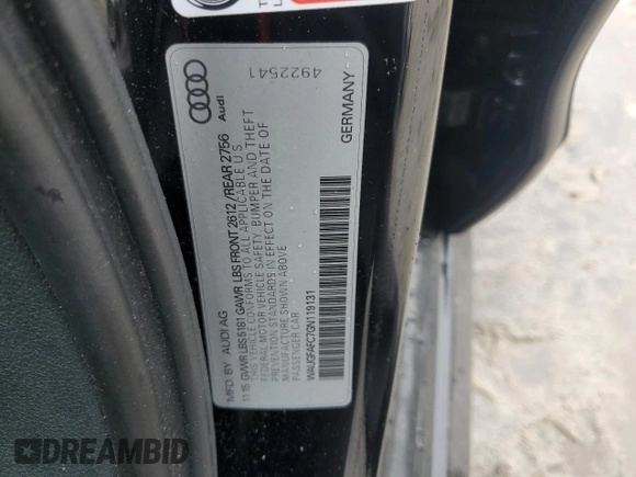 2016 Audi A6 2.0T Premium Plus with VIN WAUGFAFC7GN119131, listed as a Copart auction lot 48465895 with 95,257 mi miles and Salvage Title. Bid and sale history available at carsss.com. Image 12.