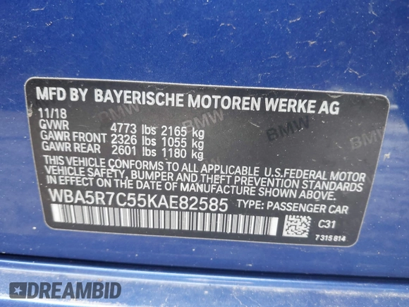2019 BMW 3 Series 330i xDrive with VIN WBA5R7C55KAE82585, listed as a IAAI auction lot 42178005 with 50,719 mi miles and . Bid and sale history available at DreamBid. Image 9.
