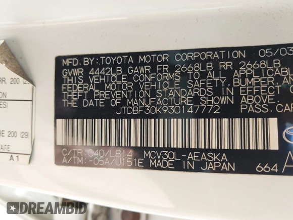 2003 Toyota Camry LE z VIN JTDBF30K930147772, wystawiony jako IAAI lot #41768713 z przebiegiem 231 537 mil mil oraz . Historia ofert i sprzedaży dostępna na DreamBid. Obrazek 9.