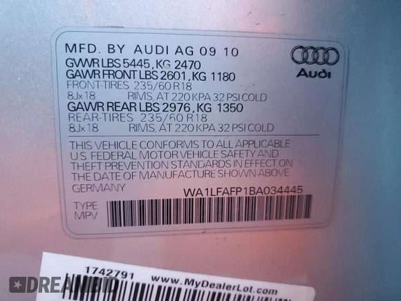 2011 Audi Q5 Premium Plus with VIN WA1LFAFP1BA034445, listed as a Copart auction lot 45037155 with 131,267 mi miles and Salvage Title. Bid and sale history available at DreamBid. Image 13.