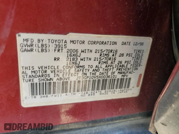 1999 Toyota RAV4 with VIN JT3GP10V5X0036101, listed as a Copart auction lot 50435375 with 253,917 mi miles and Salvage Title. Bid and sale history available at DreamBid. Image 13.