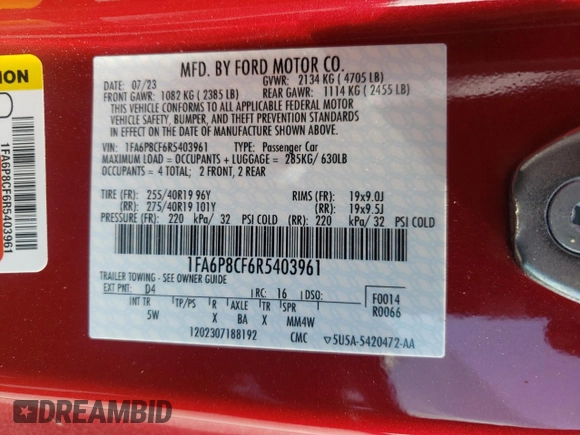 2024 Ford Mustang GT with VIN 1FA6P8CF6R5403961, listed as a Copart auction lot 64547695 with Not provided miles and Salvage title. Bid and sale history available at DreamBid. Image 12.