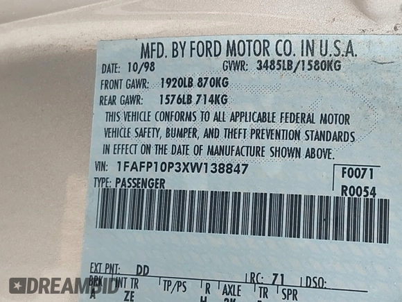 1999 Ford Escort LX with VIN 1FAFP10P3XW138847, listed as a IAAI auction lot 41216936 with 62,672 mi miles and . Bid and sale history available at DreamBid. Image 9.