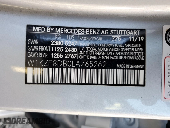 2020 Mercedes-Benz E-Class E 350 with VIN W1KZF8DB0LA765262, listed as a Copart auction lot 88998555 with 39,078 mi miles and Salvage Title. Bid and sale history available at carsss.com. Image 12.