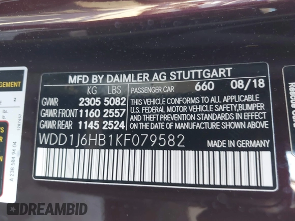 2019 Mercedes-Benz E with VIN WDD1J6HB1KF079582, listed as a IAAI auction lot 41468941 with 36,445 mi miles. Bid and sale history available at carsss.com. Image 9.