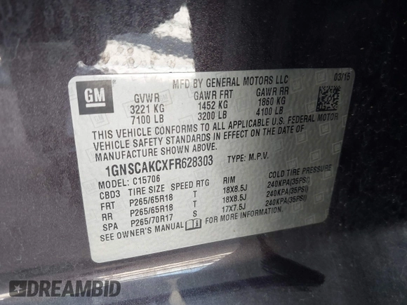 2015 Chevrolet Tahoe LS with VIN 1GNSCAKCXFR628303, listed as a IAAI auction lot 42002698 with 152,141 mi miles and . Bid and sale history available at DreamBid. Image 9.