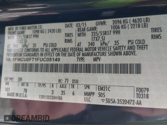 2015 Ford Escape S with VIN 1FMCU0F71FUC05149, listed as a IAAI auction lot 42055622 with 156,738 mi miles and . Bid and sale history available at DreamBid. Image 9.